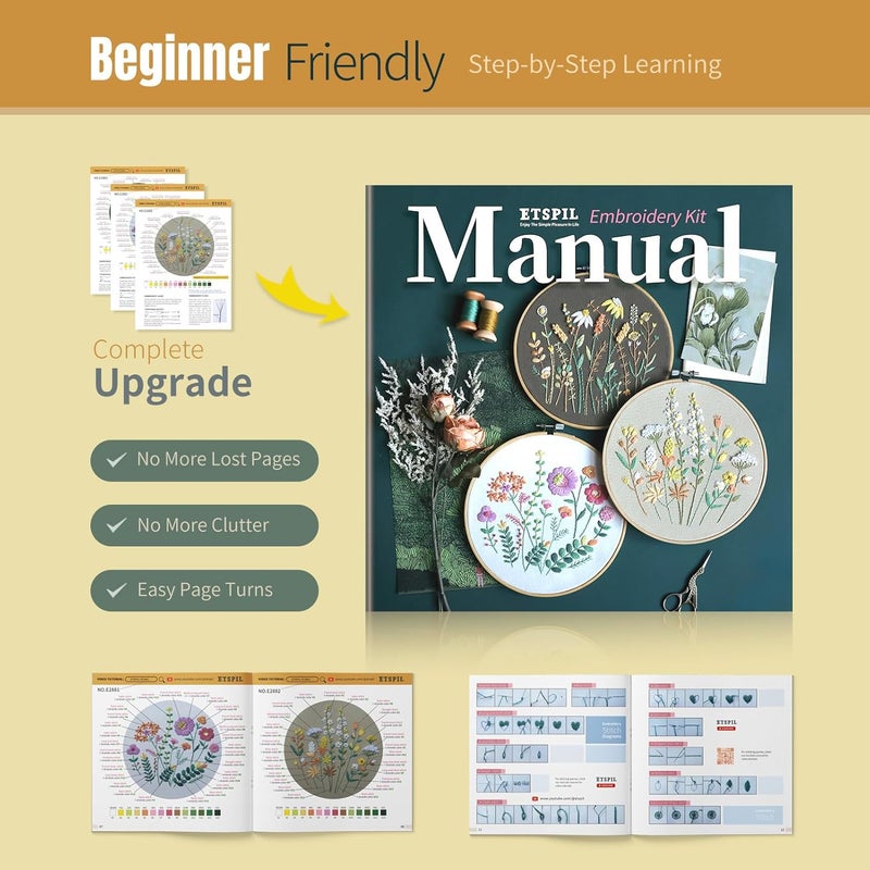 ETSPIL 3 Pack Beginner Embroidery Kits for Adults, DIY Starter Set with Stamped Flower Designs, Embroidery Hoop, Colorful Threads, Tools, Step-by-Step Instructions & Video Tutorial - Image 5